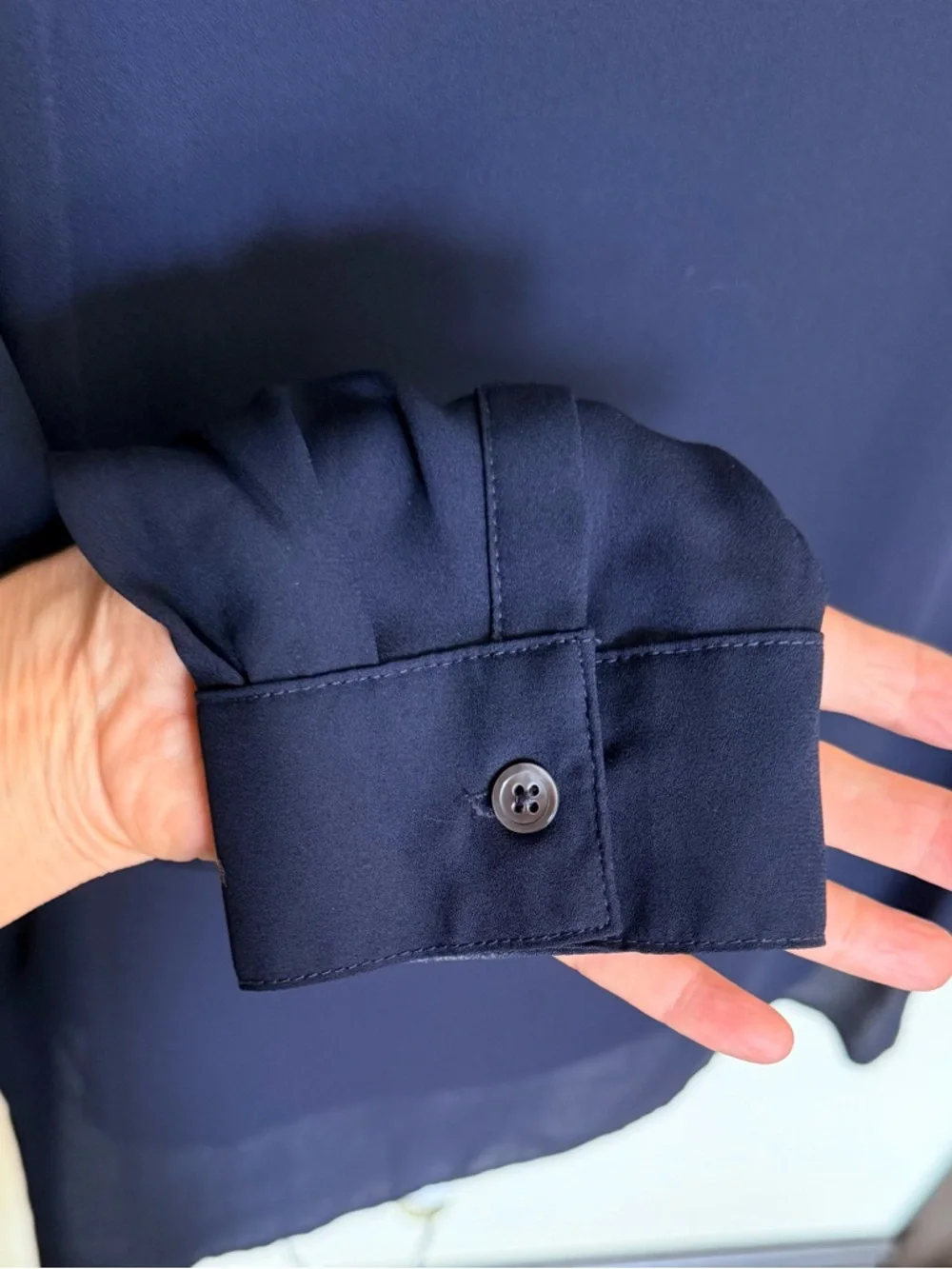 Carmen Marc Valvo Draped V-Neck Blouse in Navy Blue - Picture 5 of 5